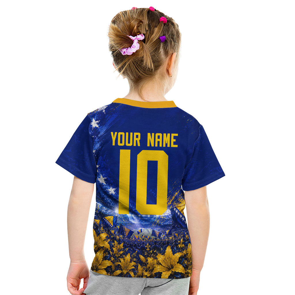 Personalized Bosnia Herzegovina Dragon Soccer Kid T Shirt Football Golden Lily Bosnian Flag Cheering Fans