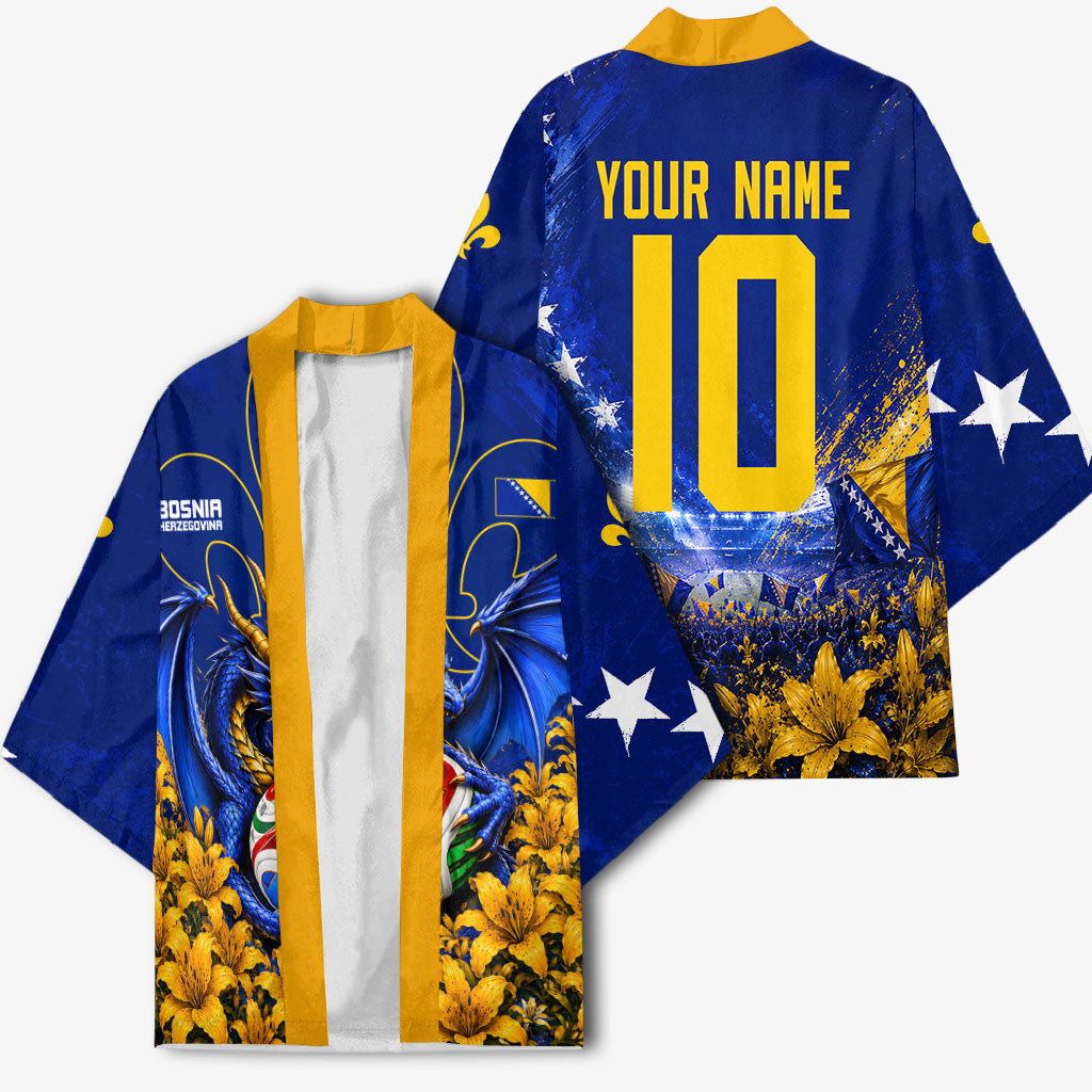 Personalized Bosnia Herzegovina Dragon Soccer Kimono Football Golden Lily Bosnian Flag Cheering Fans
