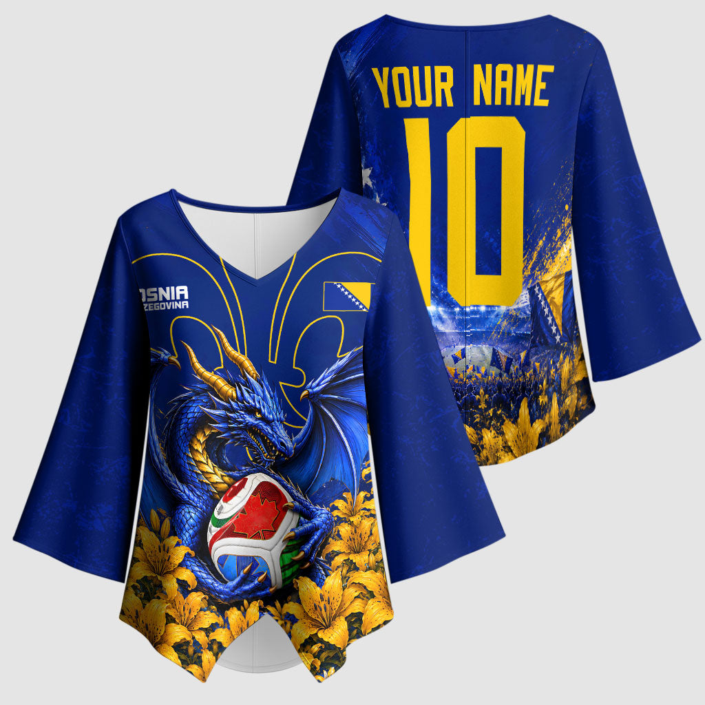 Personalized Bosnia Herzegovina Dragon Soccer Kimono Sleeve Blouse Football Golden Lily Bosnian Flag Cheering Fans