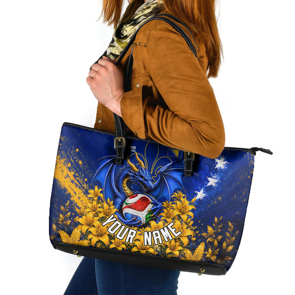 Personalized Bosnia Herzegovina Dragon Soccer Leather Tote Bag Football Golden Lily Bosnian Flag Cheering Fans