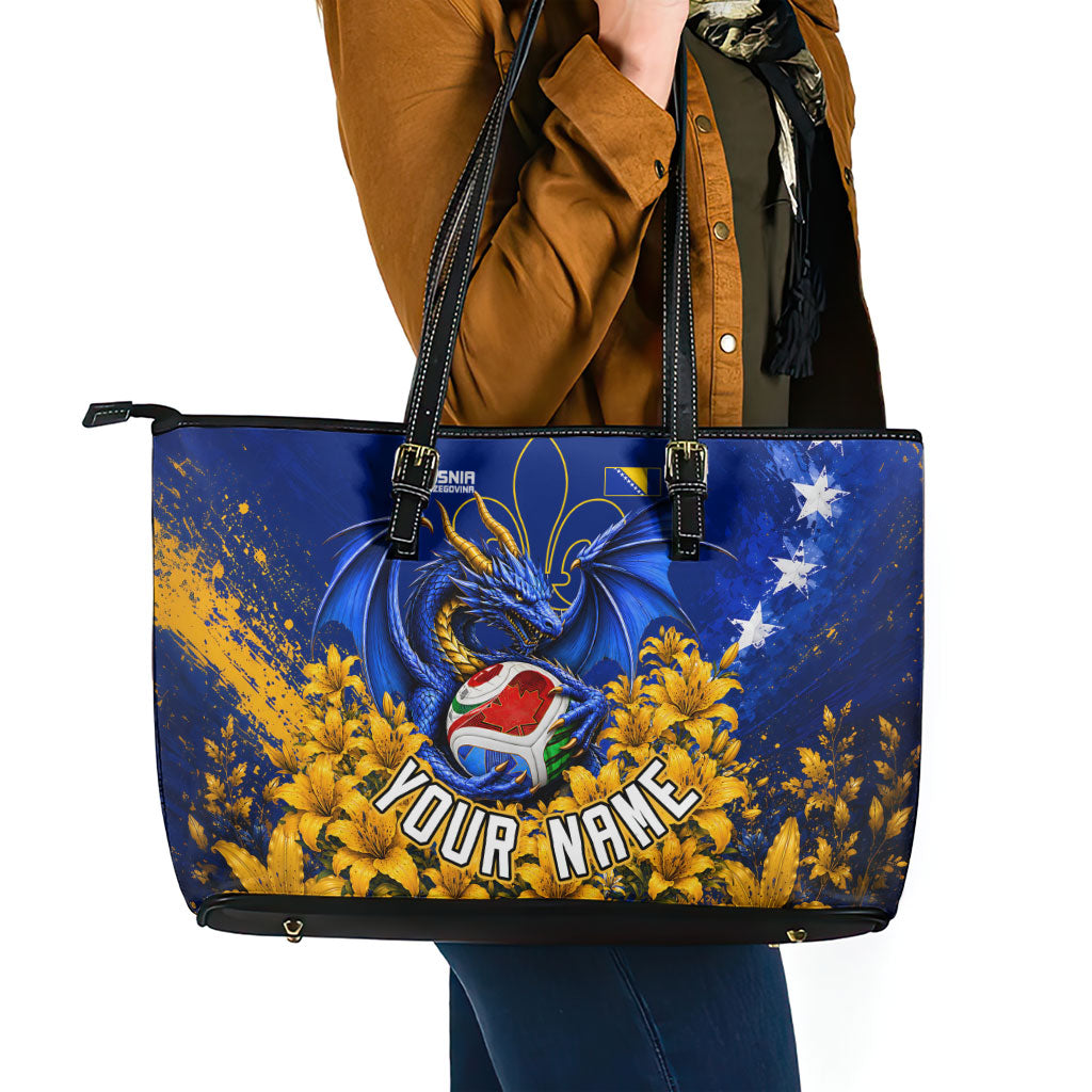 Personalized Bosnia Herzegovina Dragon Soccer Leather Tote Bag Football Golden Lily Bosnian Flag Cheering Fans