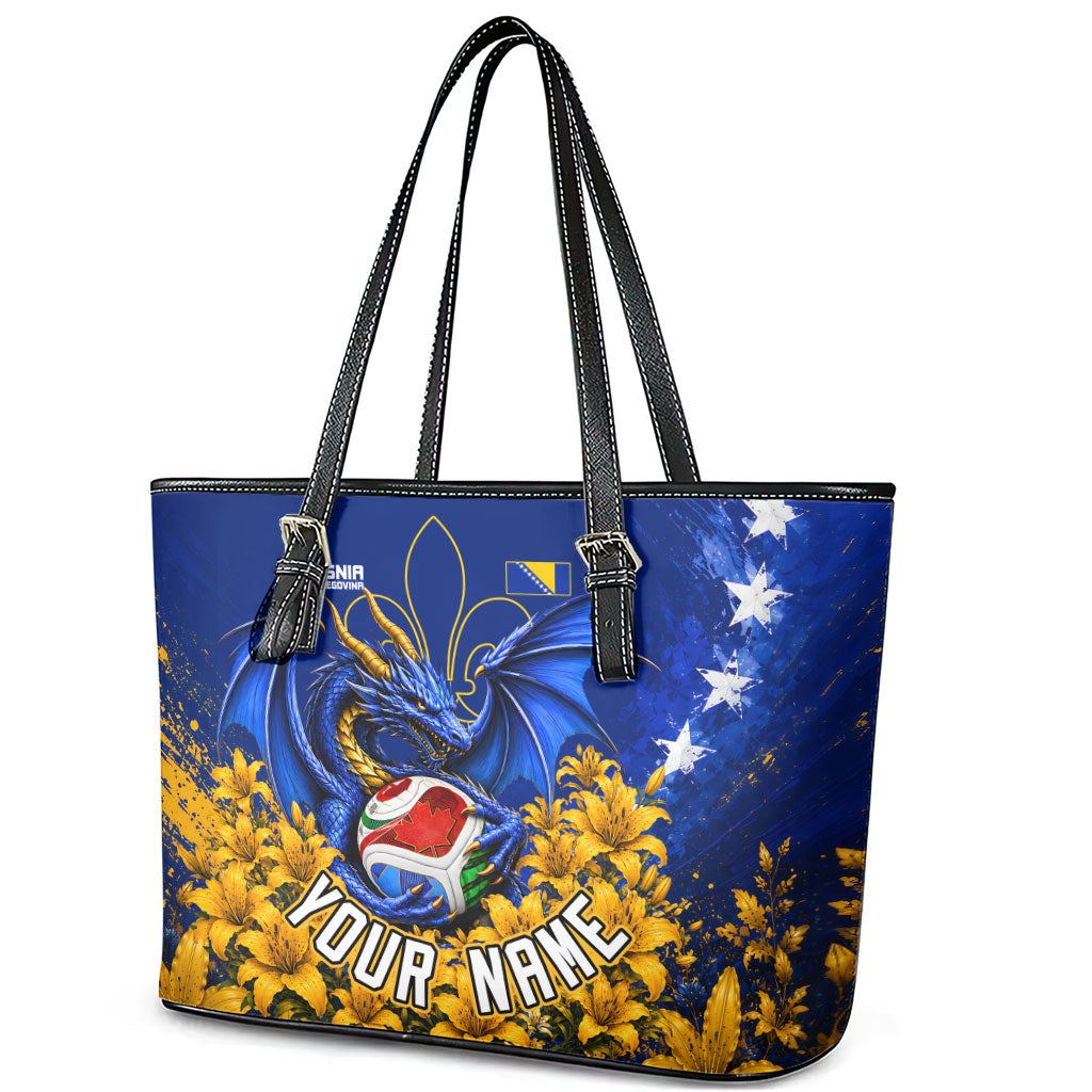 Personalized Bosnia Herzegovina Dragon Soccer Leather Tote Bag Football Golden Lily Bosnian Flag Cheering Fans