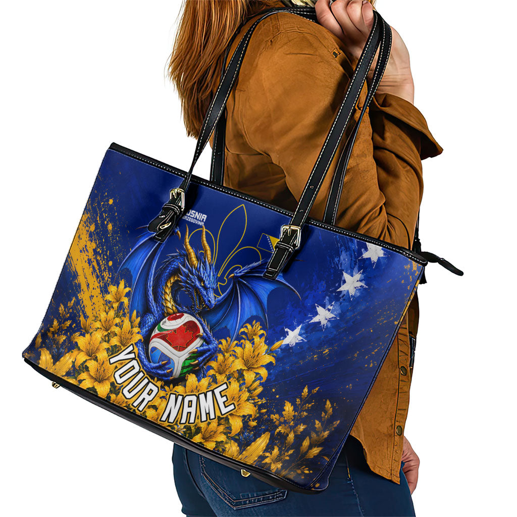 Personalized Bosnia Herzegovina Dragon Soccer Leather Tote Bag Football Golden Lily Bosnian Flag Cheering Fans