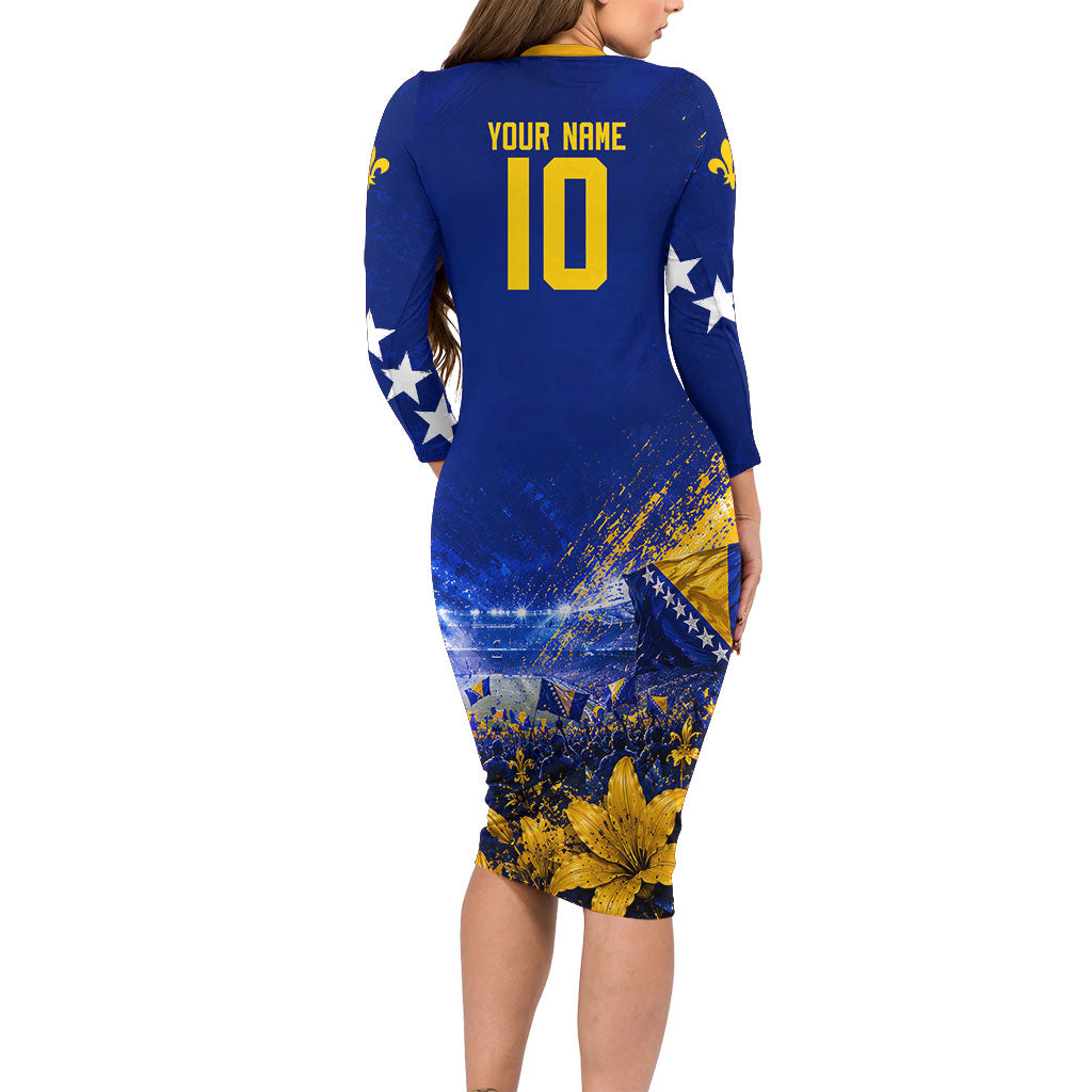Personalized Bosnia Herzegovina Dragon Soccer Long Sleeve Bodycon Dress Football Golden Lily Bosnian Flag Cheering Fans