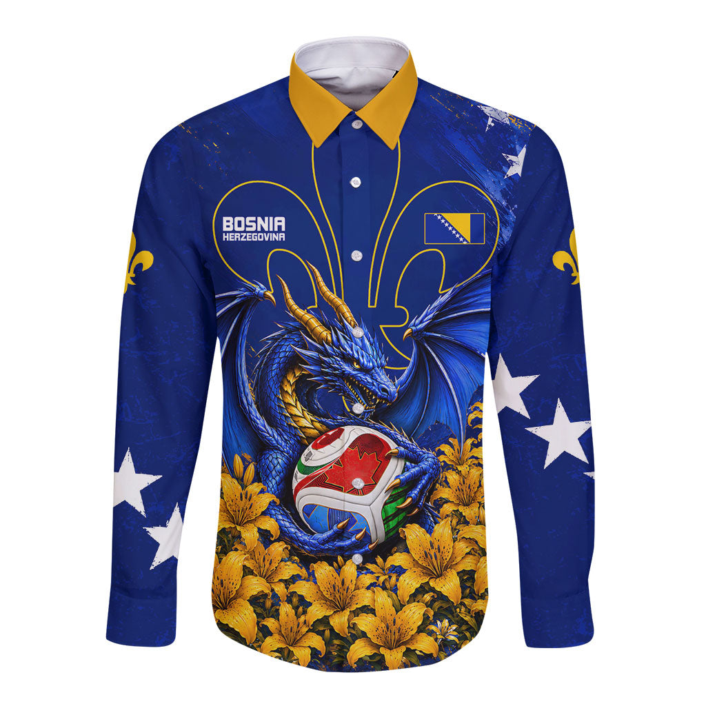 Personalized Bosnia Herzegovina Dragon Soccer Long Sleeve Button Shirt Football Golden Lily Bosnian Flag Cheering Fans