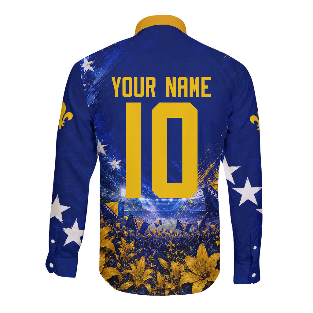 Personalized Bosnia Herzegovina Dragon Soccer Long Sleeve Button Shirt Football Golden Lily Bosnian Flag Cheering Fans