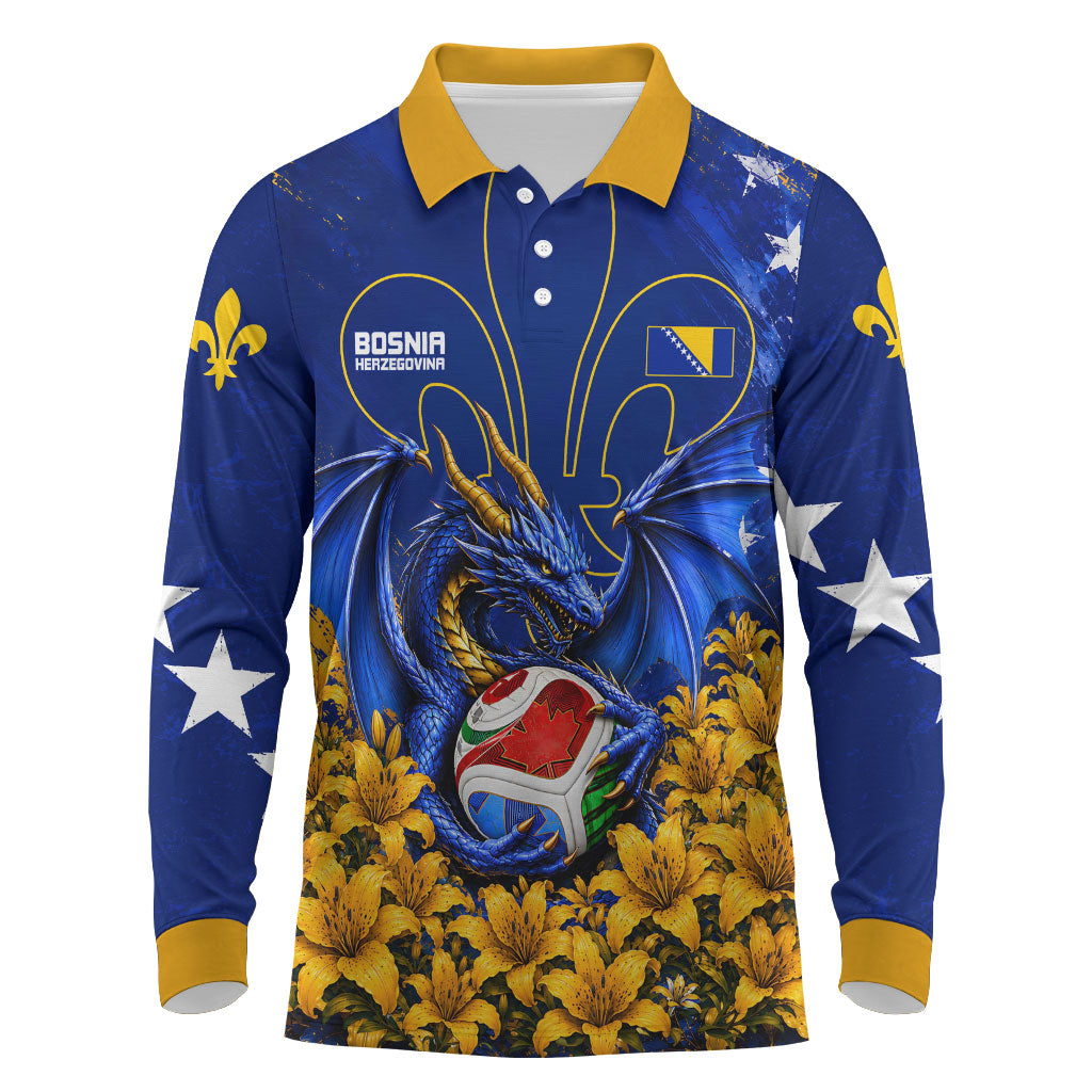 Personalized Bosnia Herzegovina Dragon Soccer Long Sleeve Polo Shirt Football Golden Lily Bosnian Flag Cheering Fans