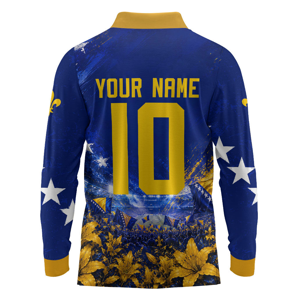 Personalized Bosnia Herzegovina Dragon Soccer Long Sleeve Polo Shirt Football Golden Lily Bosnian Flag Cheering Fans