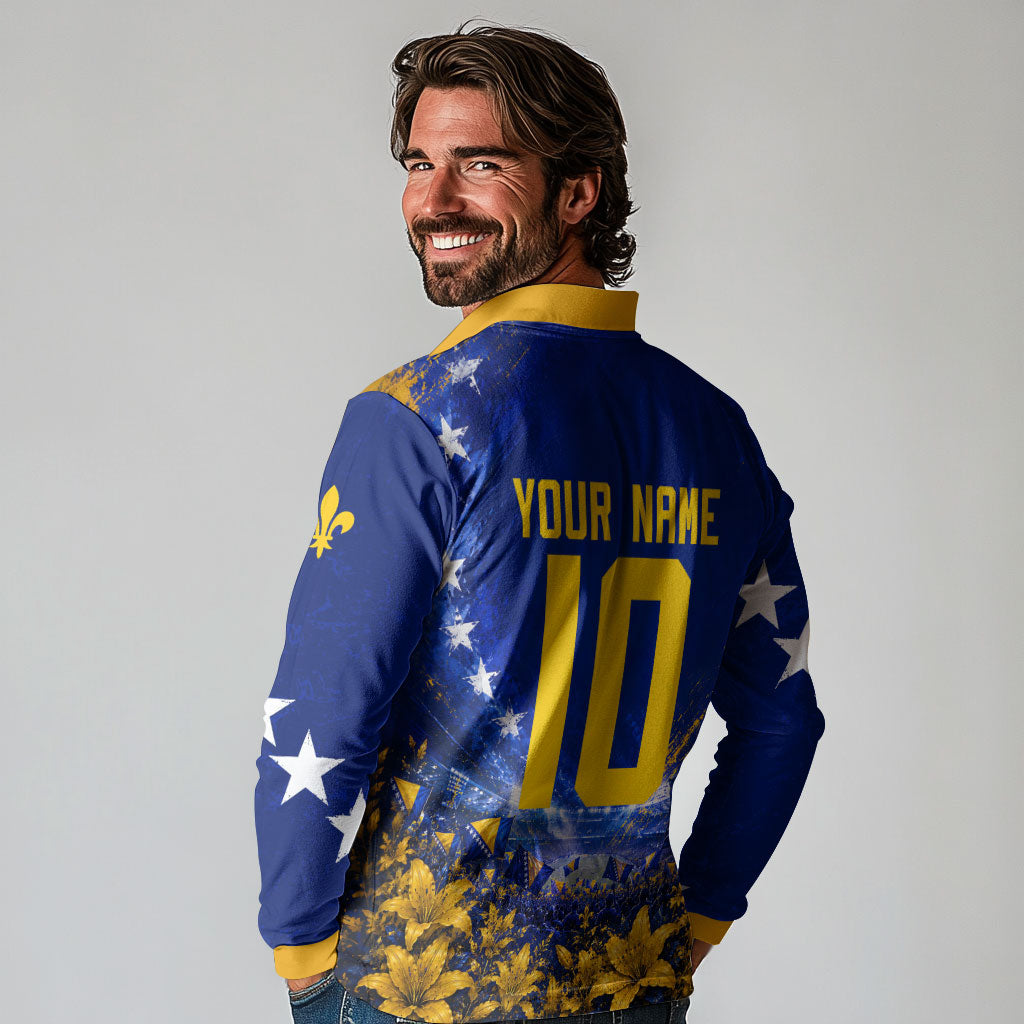 Personalized Bosnia Herzegovina Dragon Soccer Long Sleeve Polo Shirt Football Golden Lily Bosnian Flag Cheering Fans
