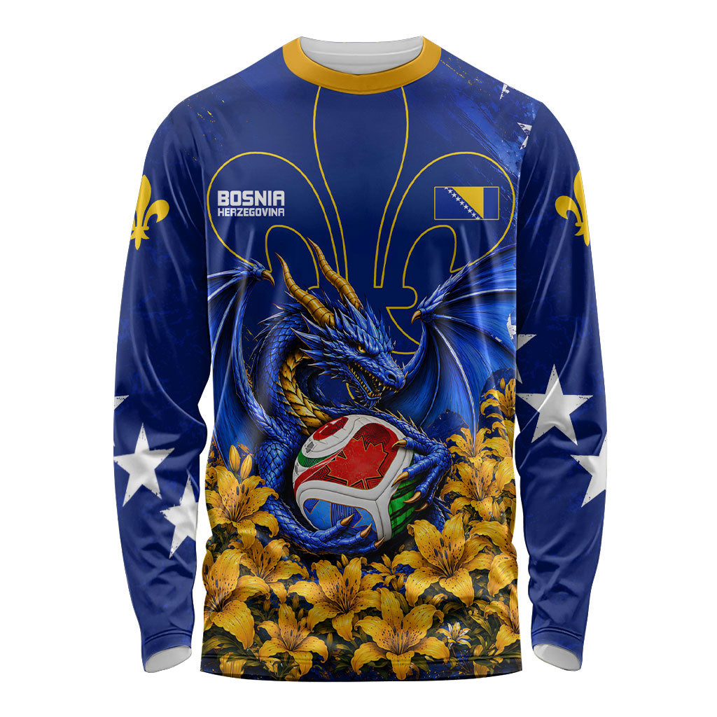 Personalized Bosnia Herzegovina Dragon Soccer Long Sleeve Shirt Football Golden Lily Bosnian Flag Cheering Fans