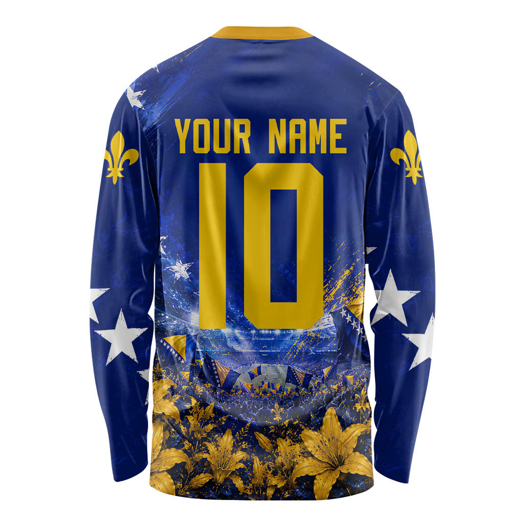 Personalized Bosnia Herzegovina Dragon Soccer Long Sleeve Shirt Football Golden Lily Bosnian Flag Cheering Fans