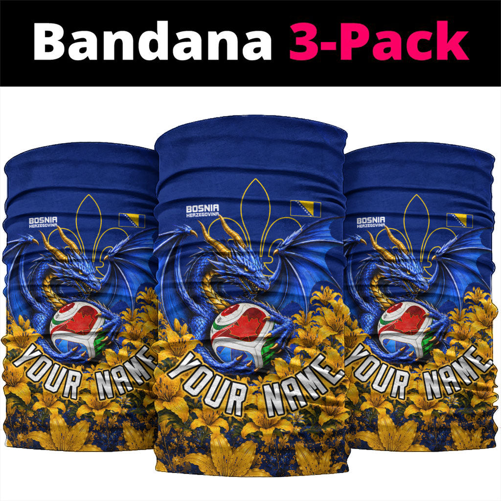 Personalized Bosnia Herzegovina Dragon Soccer Neck Gaiter Football Golden Lily Bosnian Flag Cheering Fans