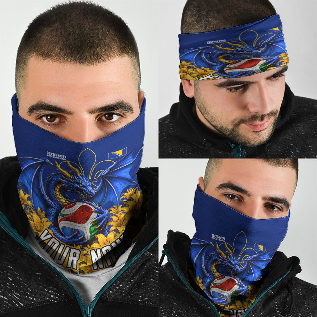 Personalized Bosnia Herzegovina Dragon Soccer Neck Gaiter Football Golden Lily Bosnian Flag Cheering Fans