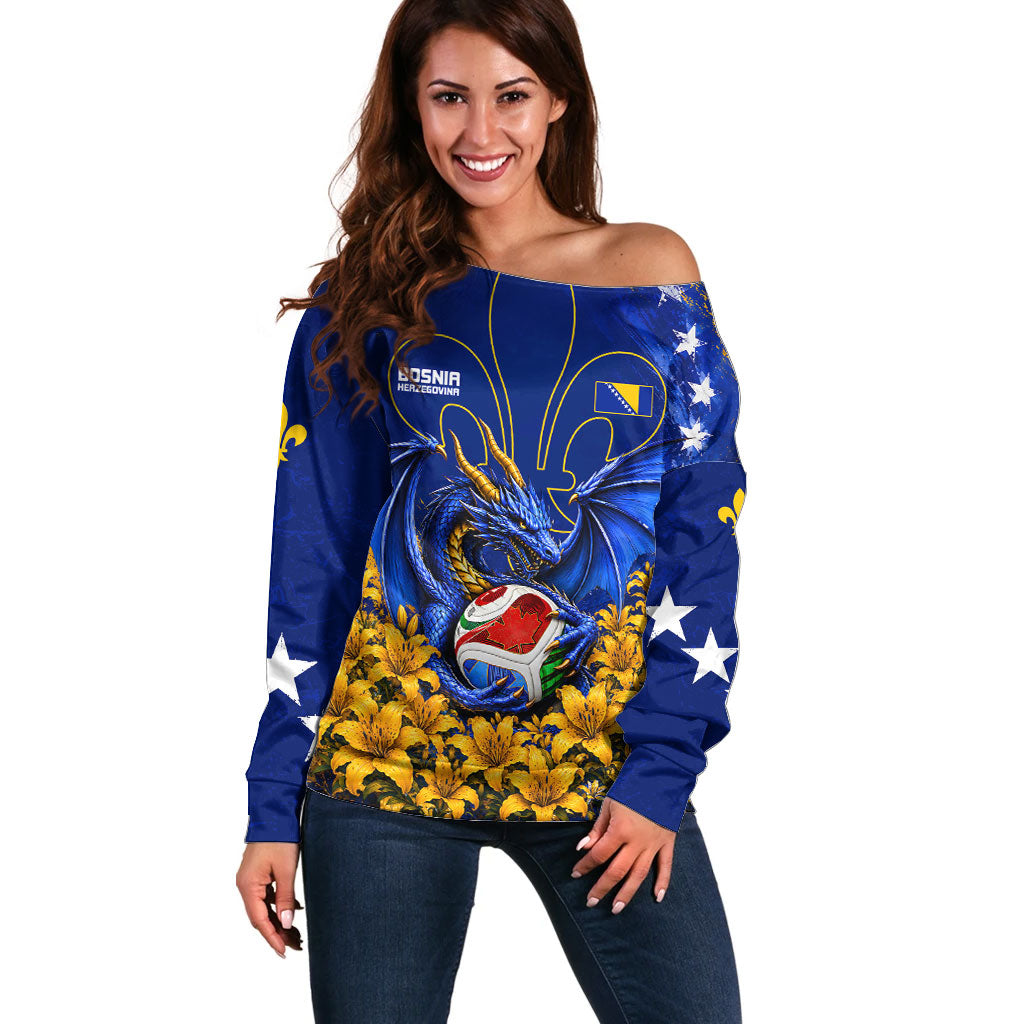 Personalized Bosnia Herzegovina Dragon Soccer Off Shoulder Sweater Football Golden Lily Bosnian Flag Cheering Fans