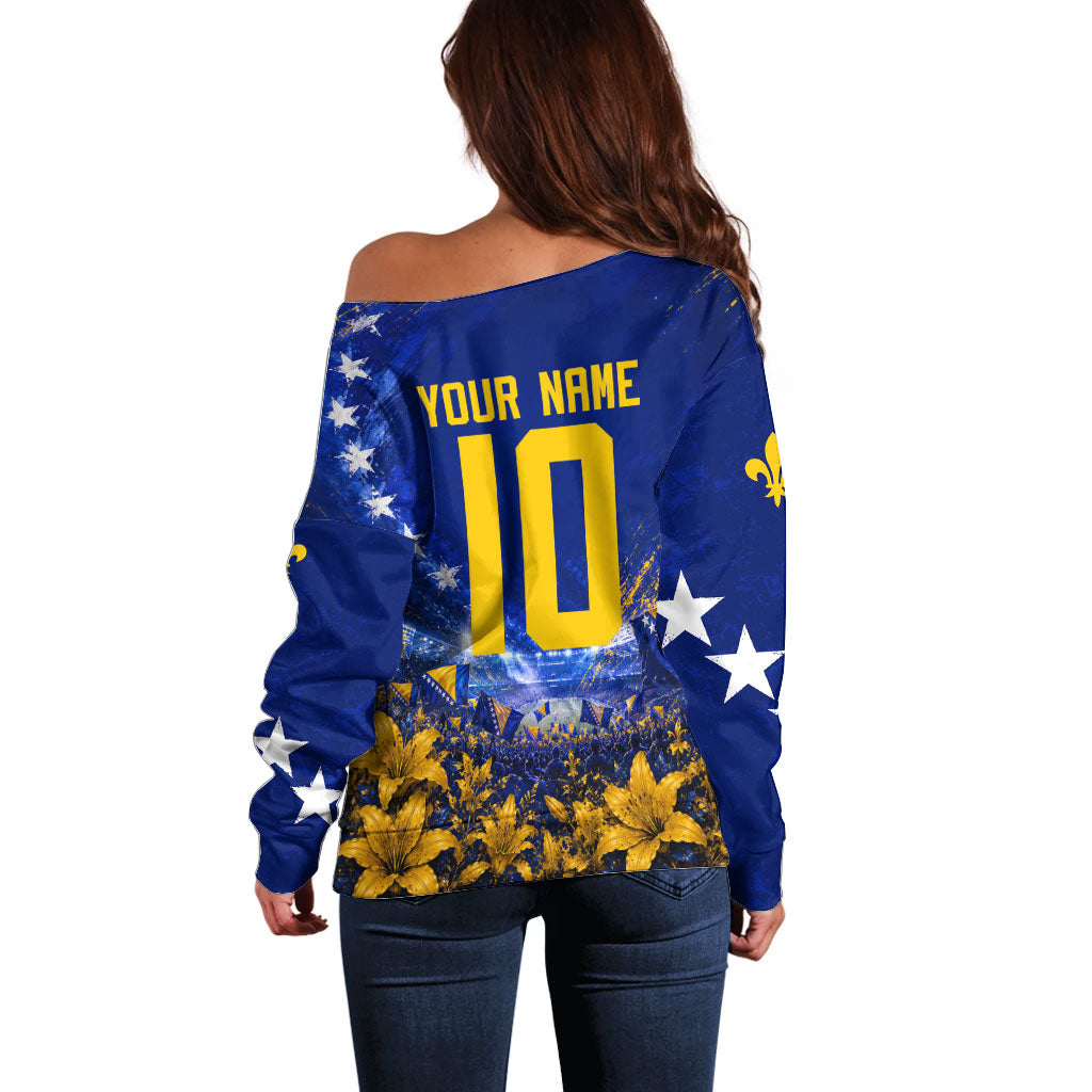 Personalized Bosnia Herzegovina Dragon Soccer Off Shoulder Sweater Football Golden Lily Bosnian Flag Cheering Fans