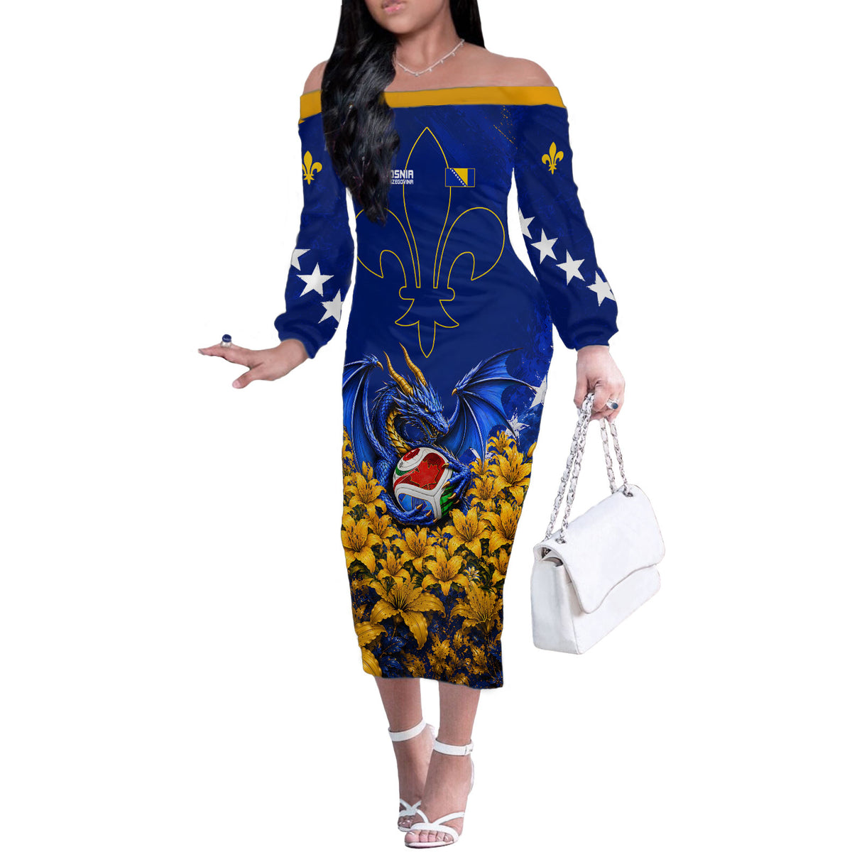 Personalized Bosnia Herzegovina Dragon Soccer Off The Shoulder Long Sleeve Dress Football Golden Lily Bosnian Flag Cheering Fans