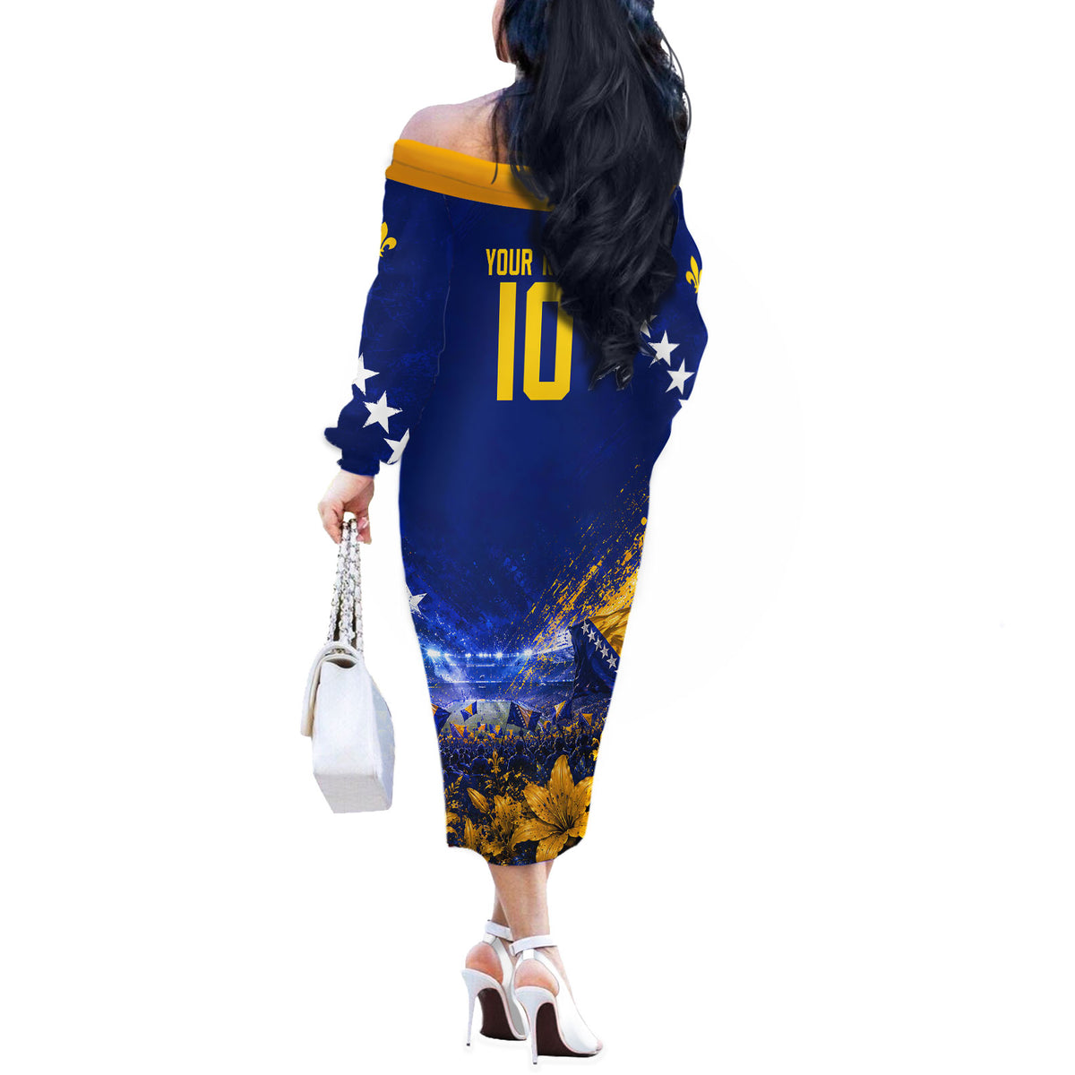 Personalized Bosnia Herzegovina Dragon Soccer Off The Shoulder Long Sleeve Dress Football Golden Lily Bosnian Flag Cheering Fans
