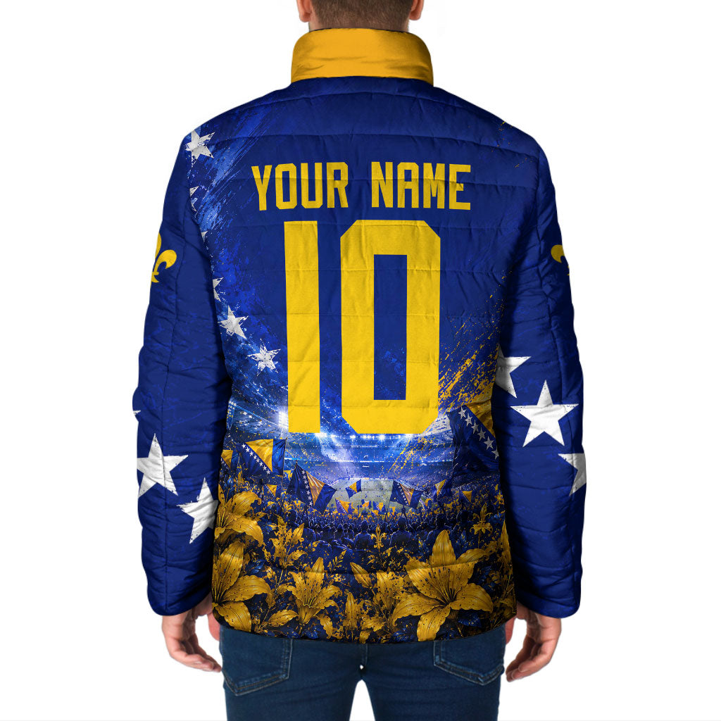 Personalized Bosnia Herzegovina Dragon Soccer Padded Jacket Football Golden Lily Bosnian Flag Cheering Fans