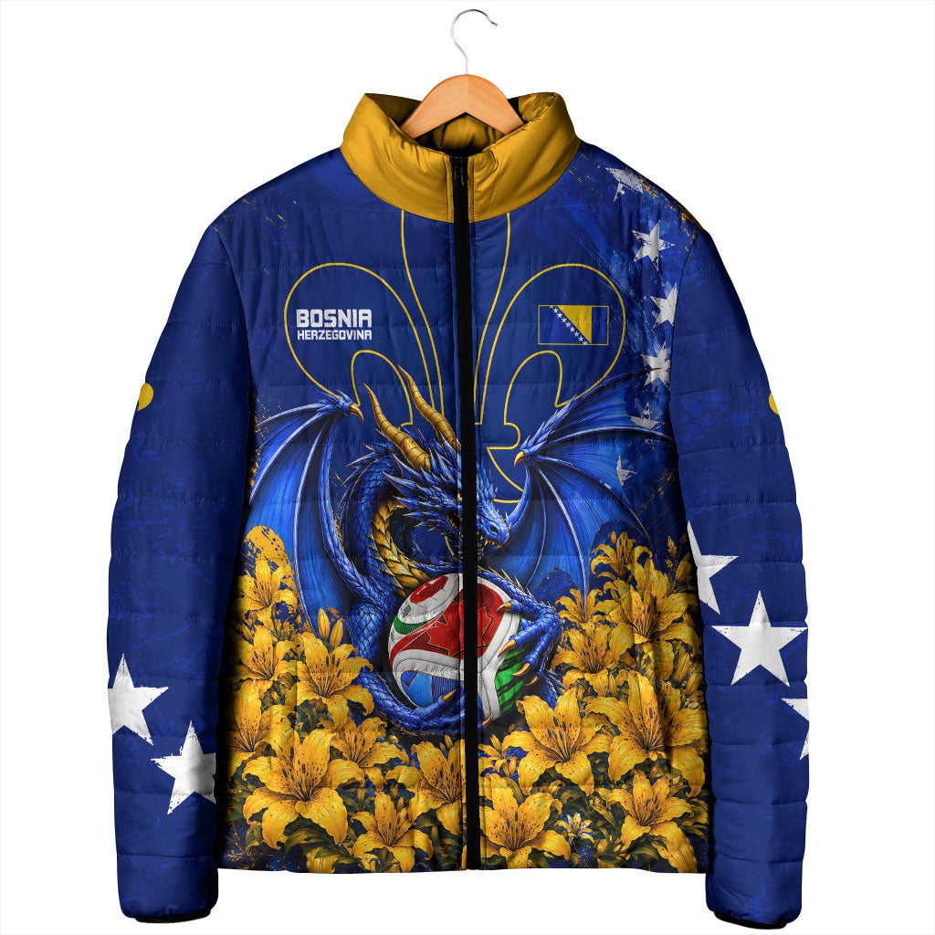 Personalized Bosnia Herzegovina Dragon Soccer Padded Jacket Football Golden Lily Bosnian Flag Cheering Fans
