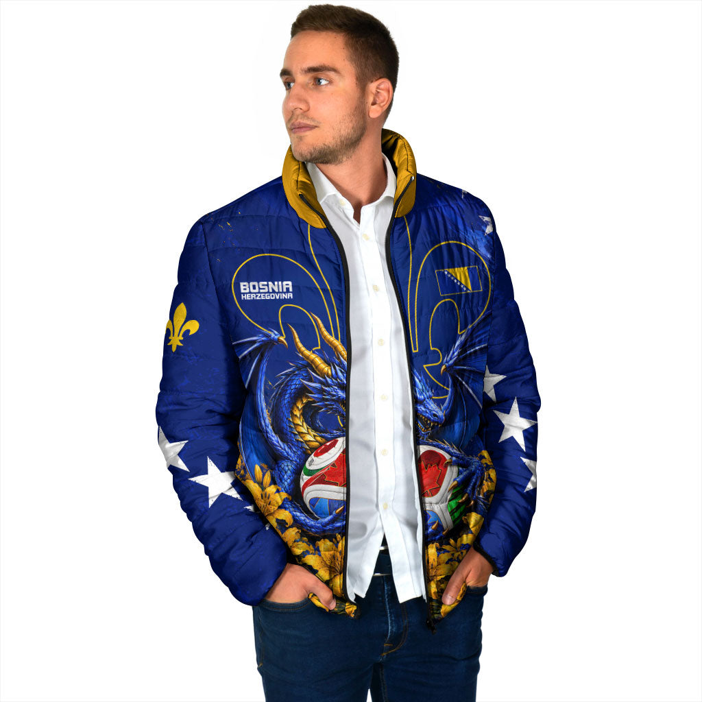 Personalized Bosnia Herzegovina Dragon Soccer Padded Jacket Football Golden Lily Bosnian Flag Cheering Fans