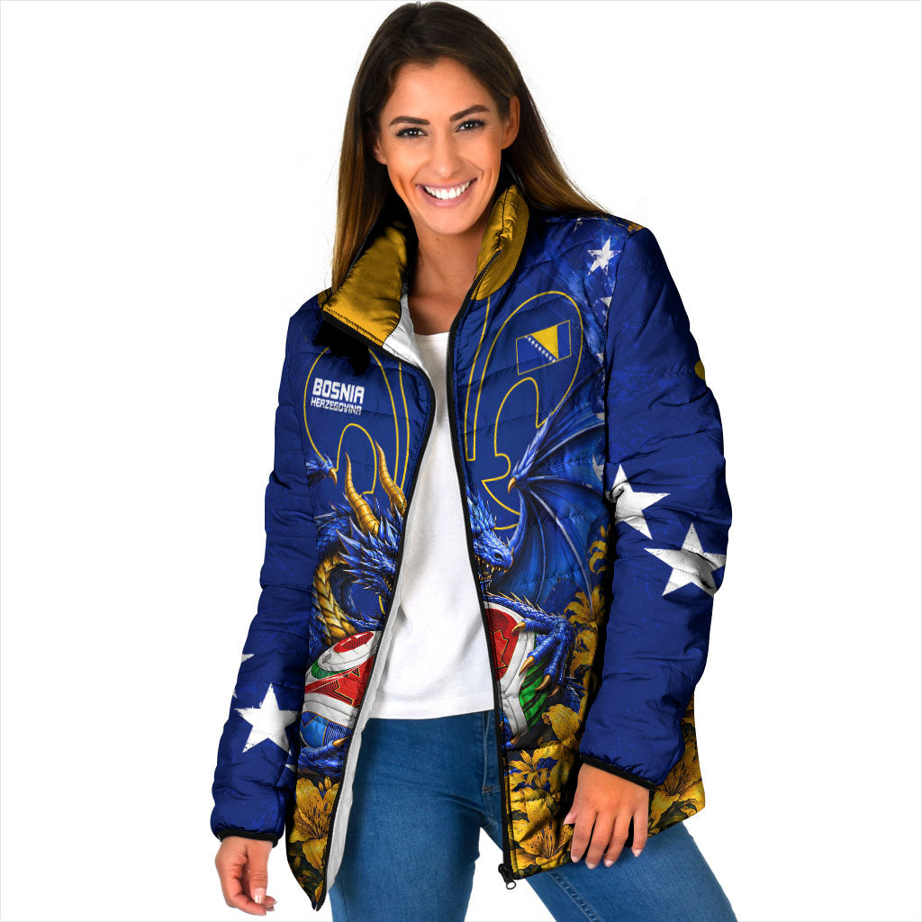 Personalized Bosnia Herzegovina Dragon Soccer Padded Jacket Football Golden Lily Bosnian Flag Cheering Fans