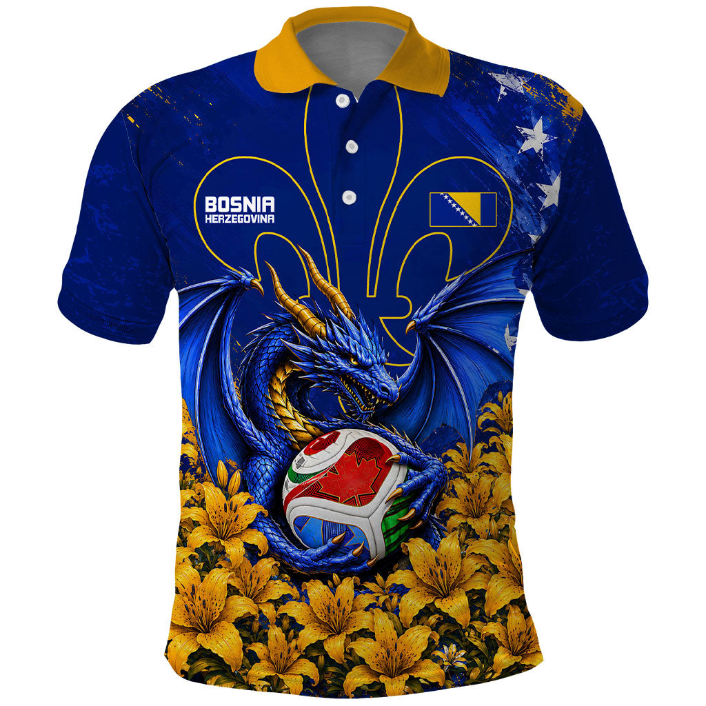 Personalized Bosnia Herzegovina Dragon Soccer Polo Shirt Football Golden Lily Bosnian Flag Cheering Fans