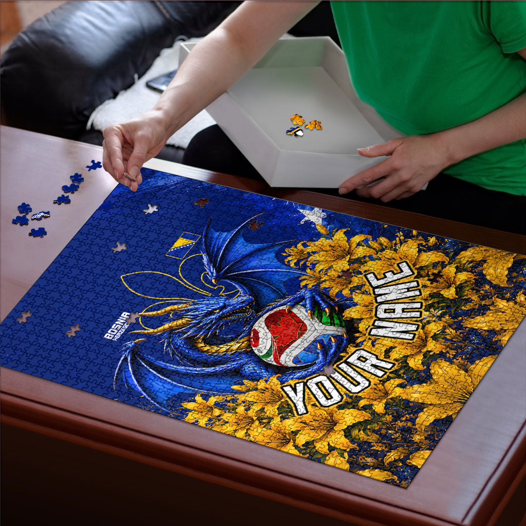Personalized Bosnia Herzegovina Dragon Soccer Puzzle Football Golden Lily Bosnian Flag Cheering Fans