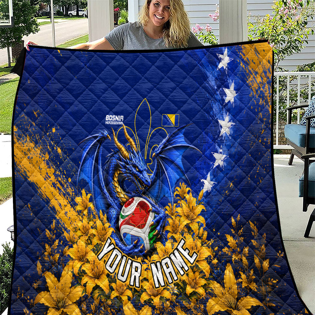 Personalized Bosnia Herzegovina Dragon Soccer Quilt Football Golden Lily Bosnian Flag Cheering Fans