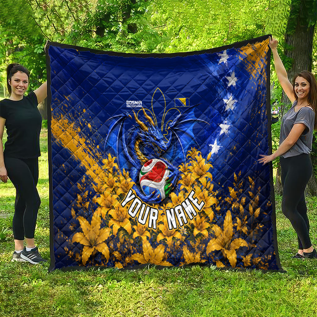 Personalized Bosnia Herzegovina Dragon Soccer Quilt Football Golden Lily Bosnian Flag Cheering Fans
