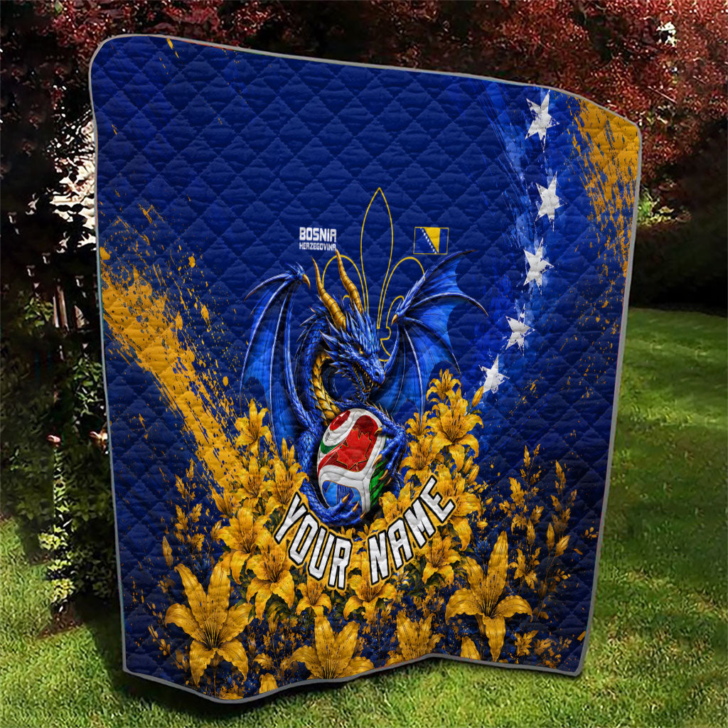 Personalized Bosnia Herzegovina Dragon Soccer Quilt Football Golden Lily Bosnian Flag Cheering Fans