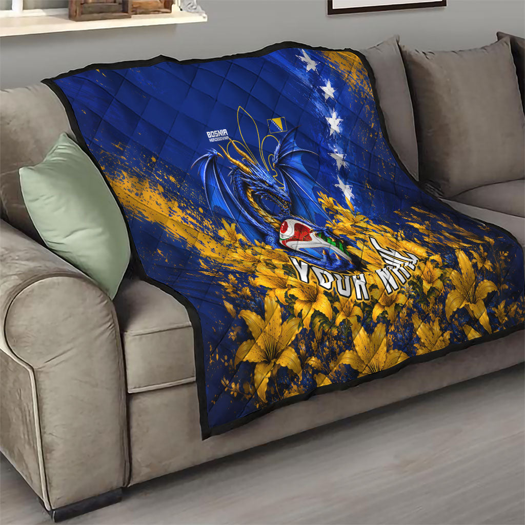 Personalized Bosnia Herzegovina Dragon Soccer Quilt Football Golden Lily Bosnian Flag Cheering Fans