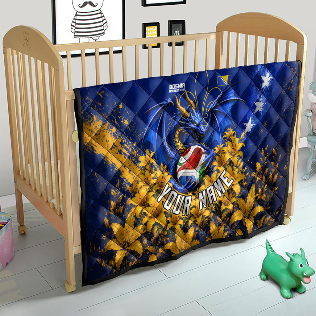 Personalized Bosnia Herzegovina Dragon Soccer Quilt Football Golden Lily Bosnian Flag Cheering Fans