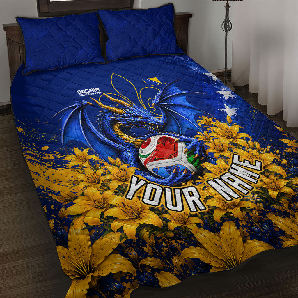 Personalized Bosnia Herzegovina Dragon Soccer Quilt Bed Set Football Golden Lily Bosnian Flag Cheering Fans