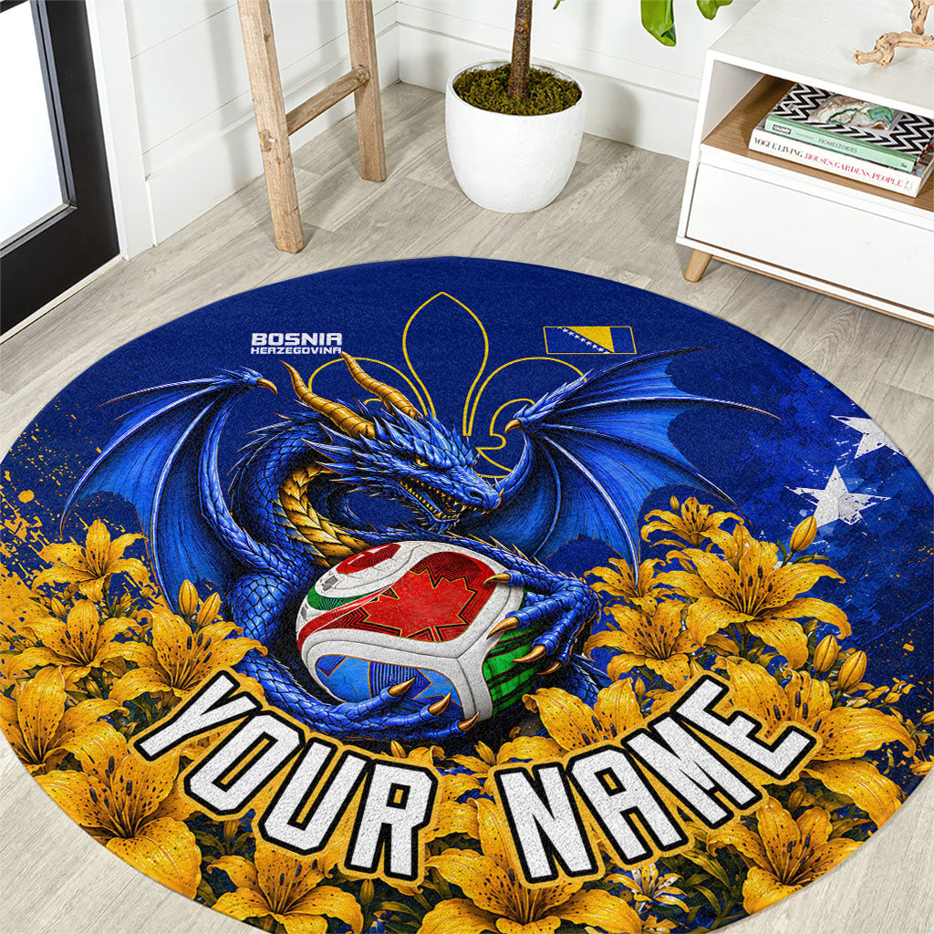 Personalized Bosnia Herzegovina Dragon Soccer Round Carpet Football Golden Lily Bosnian Flag Cheering Fans