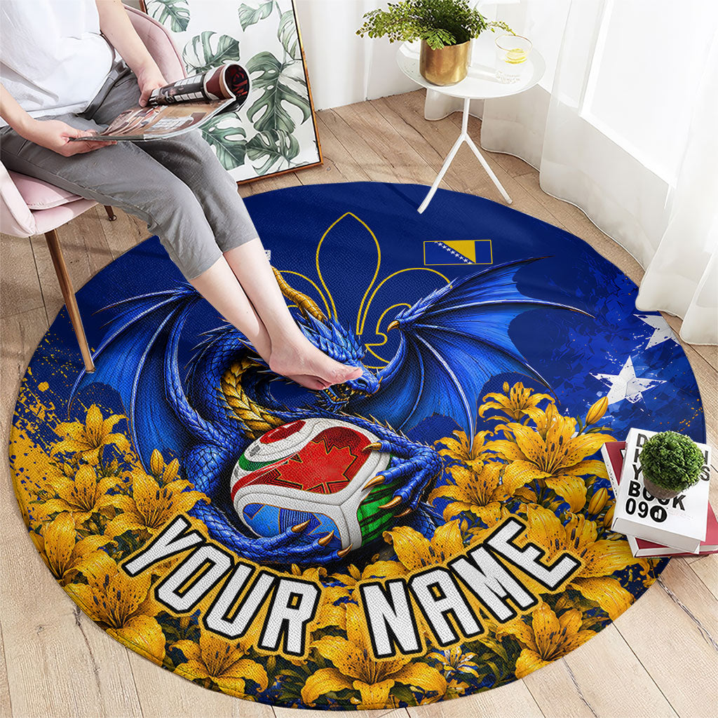 Personalized Bosnia Herzegovina Dragon Soccer Round Carpet Football Golden Lily Bosnian Flag Cheering Fans