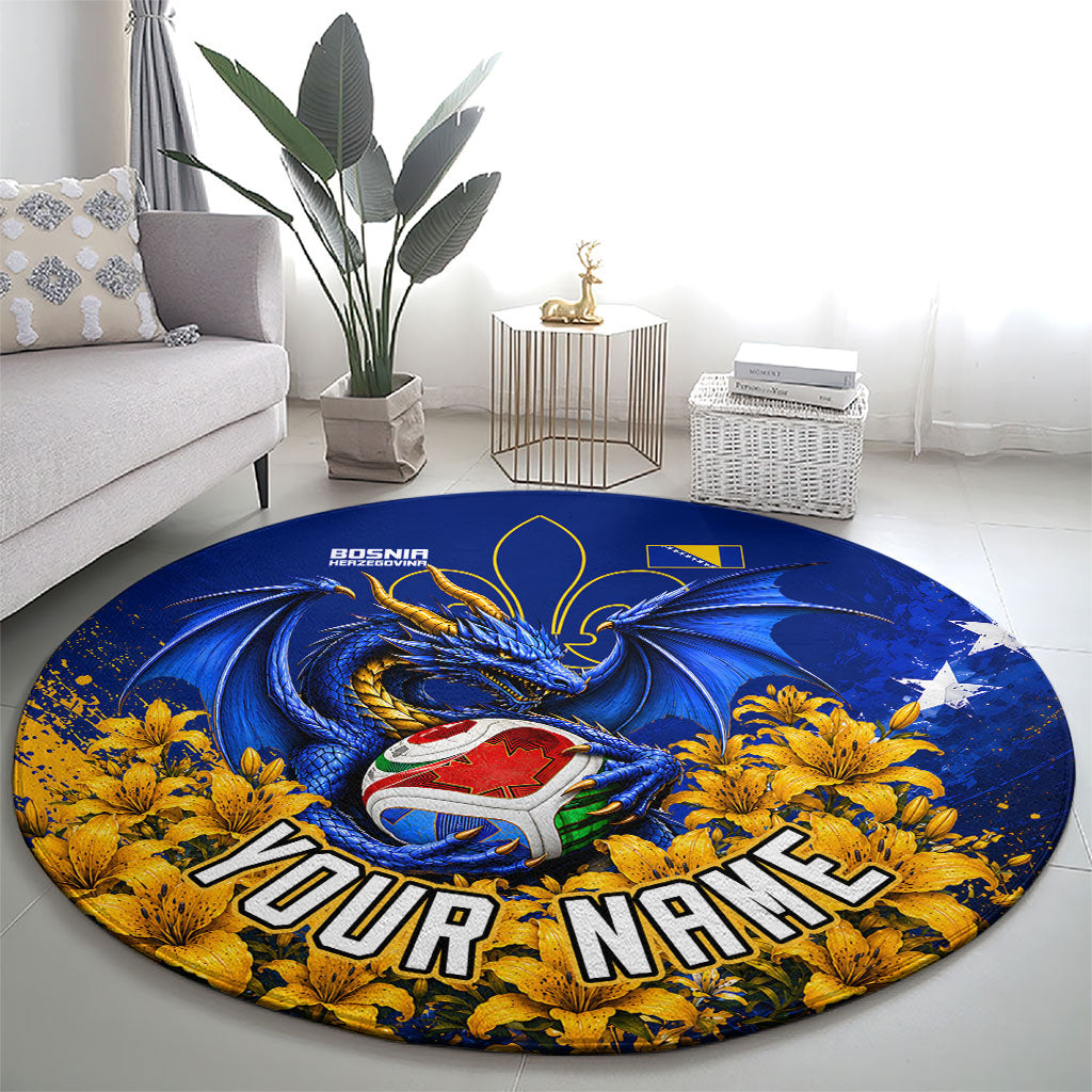 Personalized Bosnia Herzegovina Dragon Soccer Round Carpet Football Golden Lily Bosnian Flag Cheering Fans