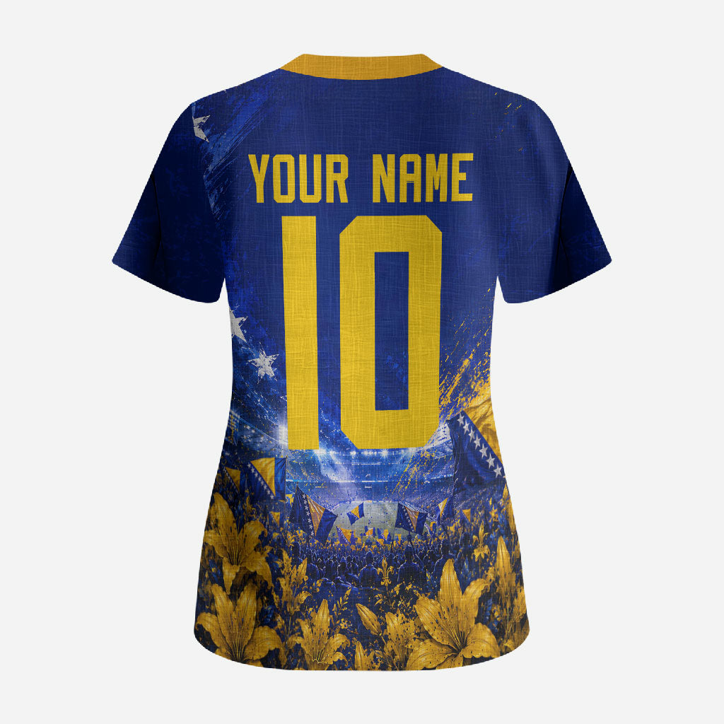 Personalized Bosnia Herzegovina Dragon Soccer Scrub Top Football Golden Lily Bosnian Flag Cheering Fans