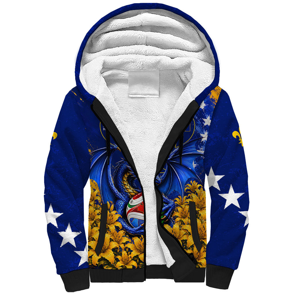 Personalized Bosnia Herzegovina Dragon Soccer Sherpa Hoodie Football Golden Lily Bosnian Flag Cheering Fans