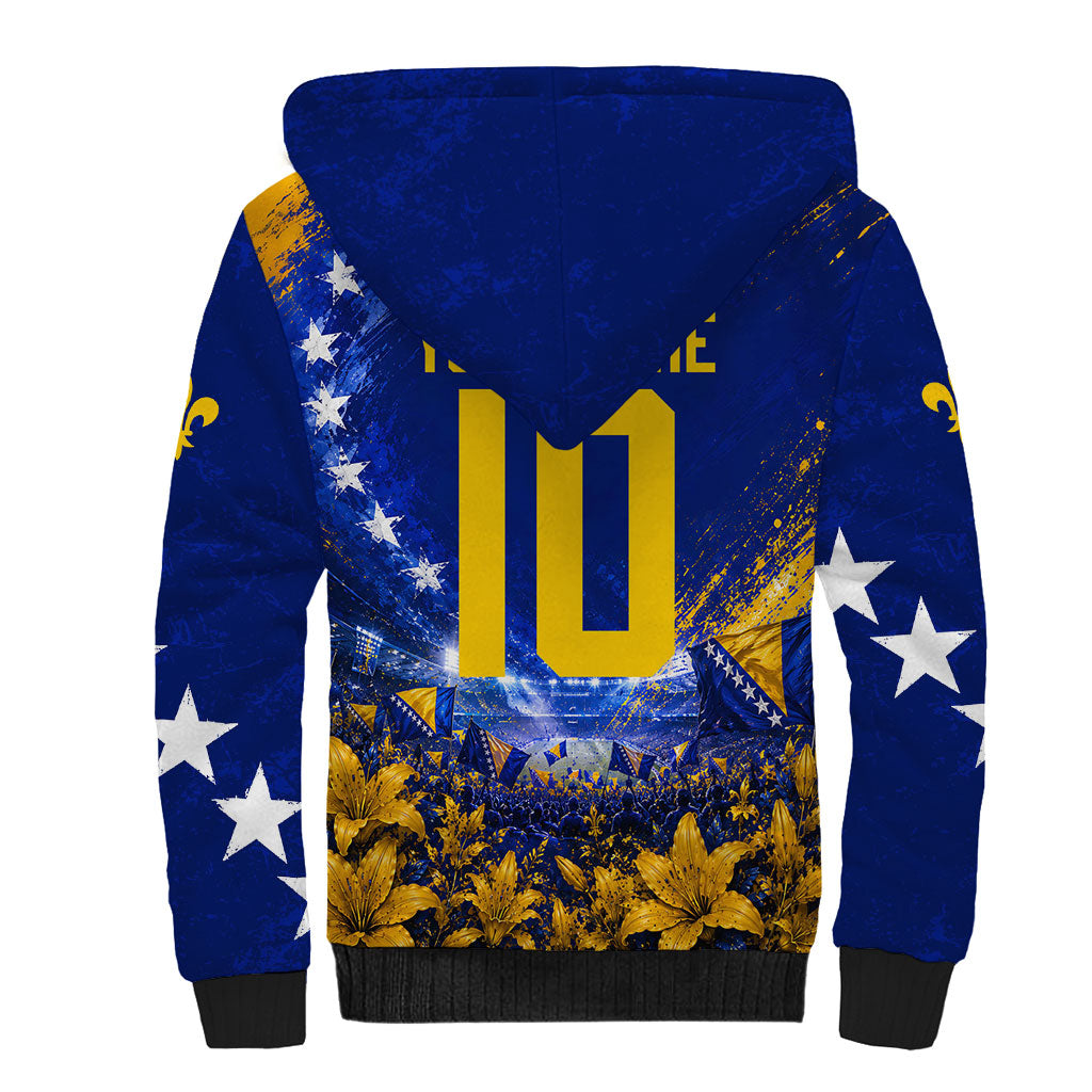 Personalized Bosnia Herzegovina Dragon Soccer Sherpa Hoodie Football Golden Lily Bosnian Flag Cheering Fans