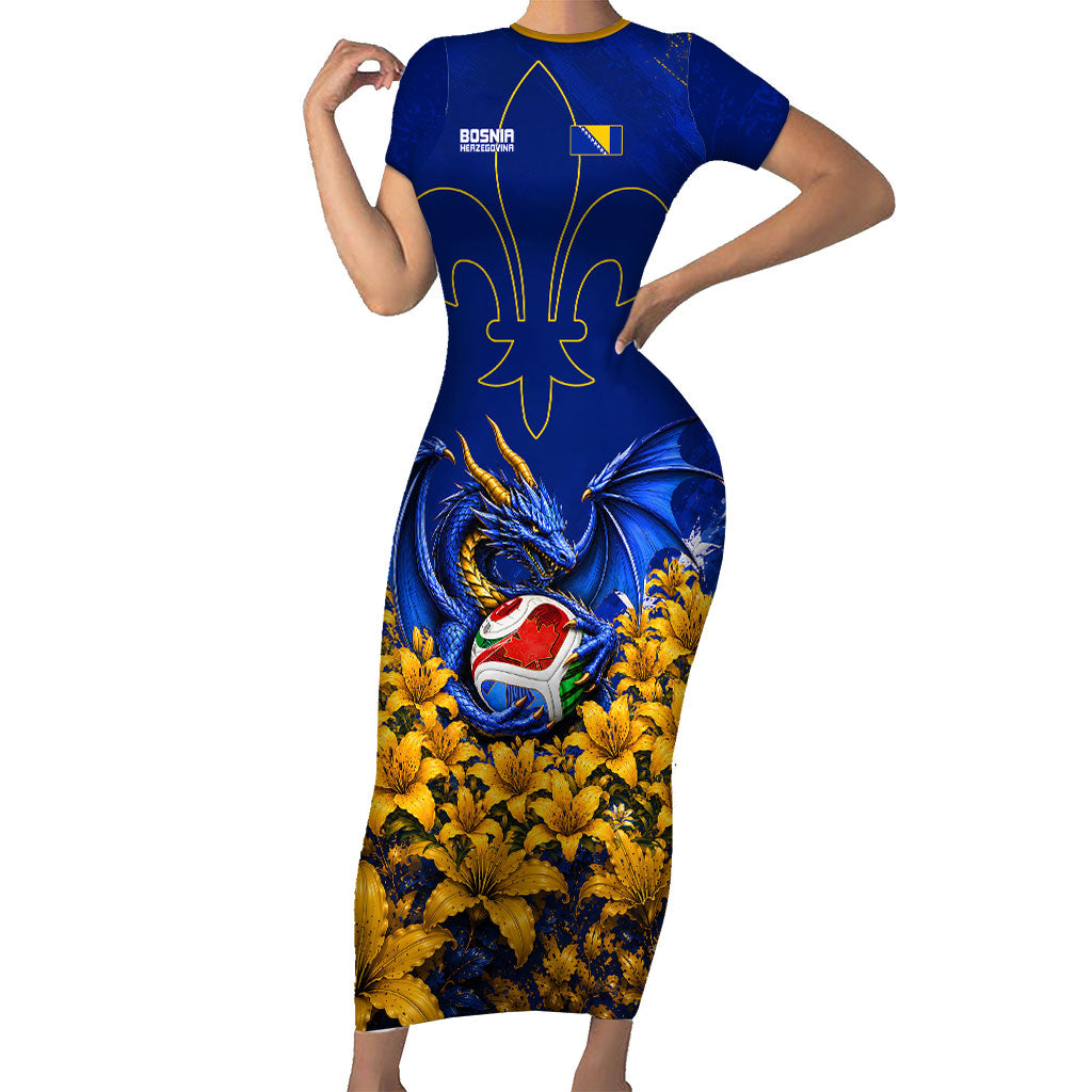 Personalized Bosnia Herzegovina Dragon Soccer Short Sleeve Bodycon Dress Football Golden Lily Bosnian Flag Cheering Fans
