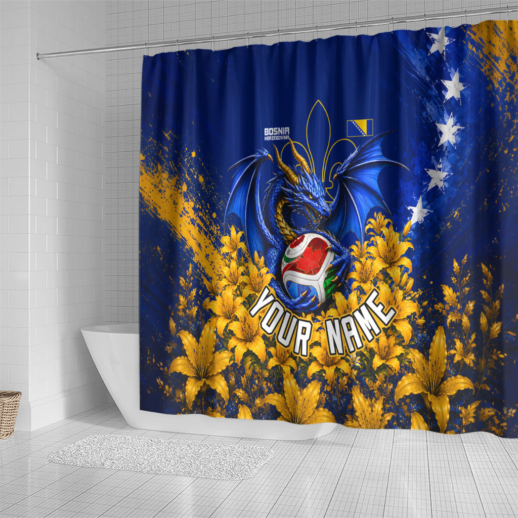 Personalized Bosnia Herzegovina Dragon Soccer Shower Curtain Football Golden Lily Bosnian Flag Cheering Fans