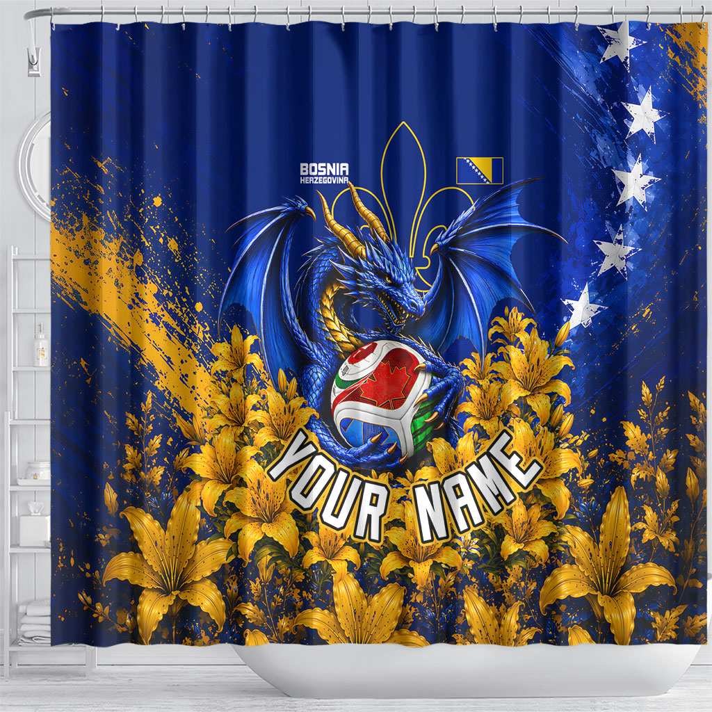 Personalized Bosnia Herzegovina Dragon Soccer Shower Curtain Football Golden Lily Bosnian Flag Cheering Fans