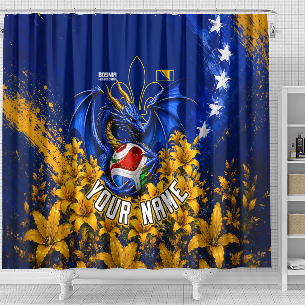 Personalized Bosnia Herzegovina Dragon Soccer Shower Curtain Football Golden Lily Bosnian Flag Cheering Fans