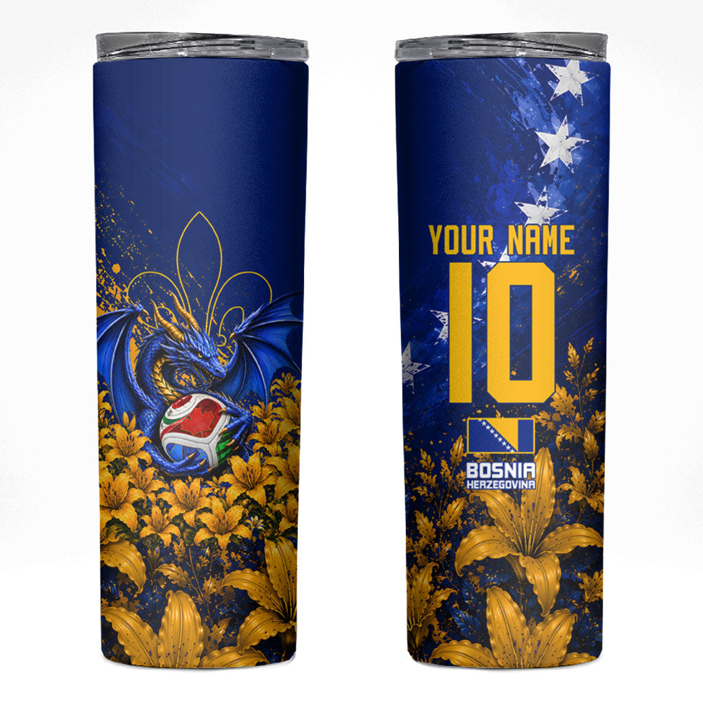 Personalized Bosnia Herzegovina Dragon Soccer Skinny Tumbler Football Golden Lily Bosnian Flag Cheering Fans