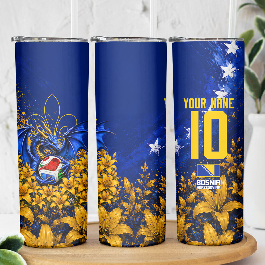 Personalized Bosnia Herzegovina Dragon Soccer Skinny Tumbler Football Golden Lily Bosnian Flag Cheering Fans