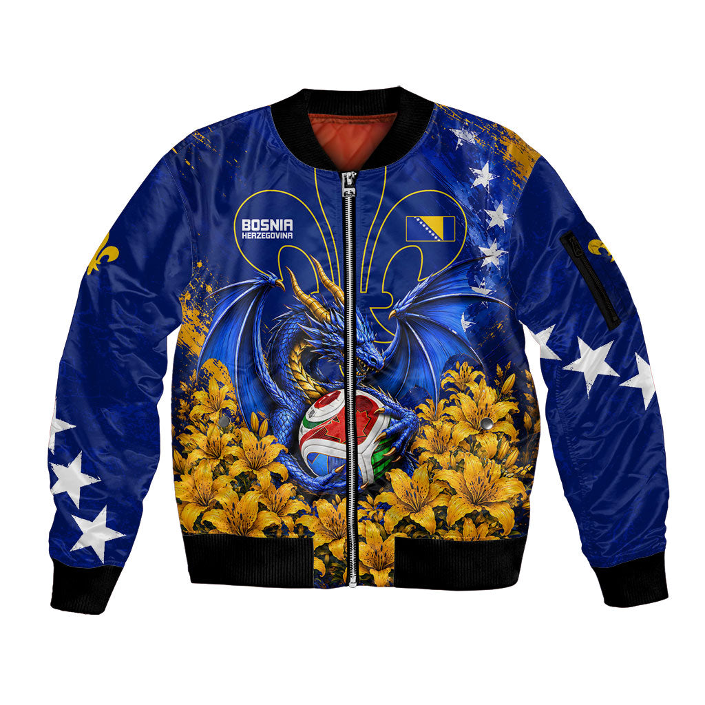 Personalized Bosnia Herzegovina Dragon Soccer Sleeve Zip Bomber Jacket Football Golden Lily Bosnian Flag Cheering Fans
