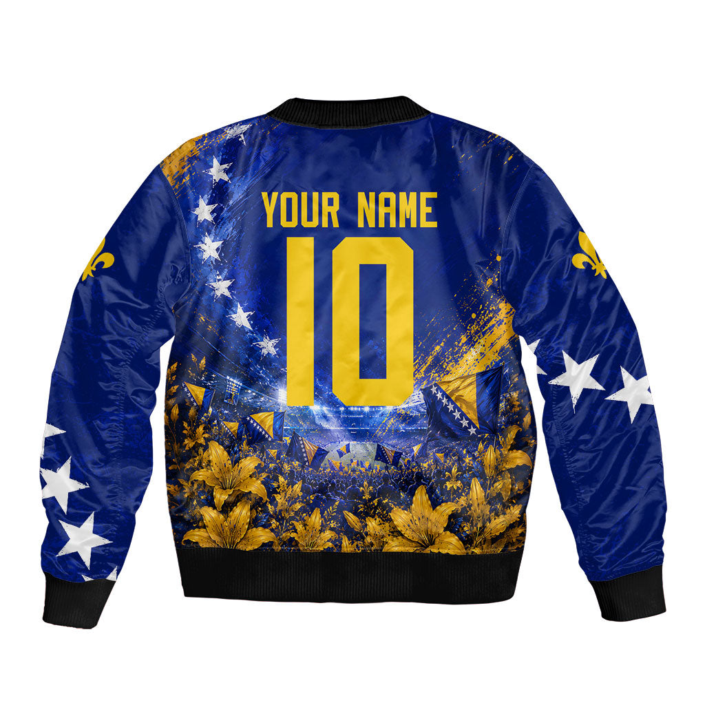 Personalized Bosnia Herzegovina Dragon Soccer Sleeve Zip Bomber Jacket Football Golden Lily Bosnian Flag Cheering Fans