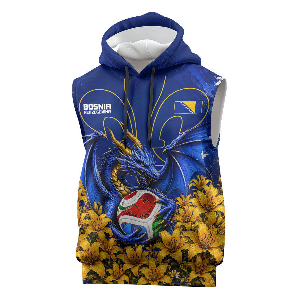 Personalized Bosnia Herzegovina Dragon Soccer Sleeveless Hoodie Football Golden Lily Bosnian Flag Cheering Fans