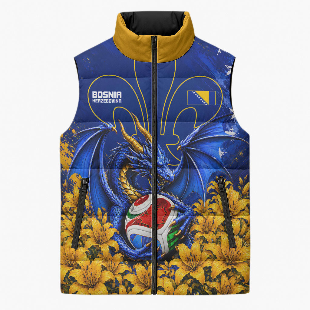 Personalized Bosnia Herzegovina Dragon Soccer Sleeveless Puffer Jacket Football Golden Lily Bosnian Flag Cheering Fans