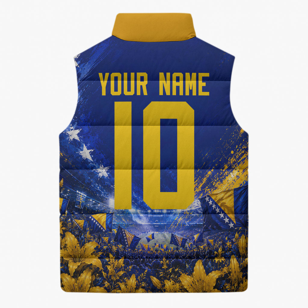 Personalized Bosnia Herzegovina Dragon Soccer Sleeveless Puffer Jacket Football Golden Lily Bosnian Flag Cheering Fans